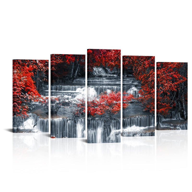 Visual Art Decor 5 Pieces Large Black and Red Canvas Wall Art Waterfall Nature Landscape Picture Print, Living Room Office Decoration Framed Ready to Hang - Image 1